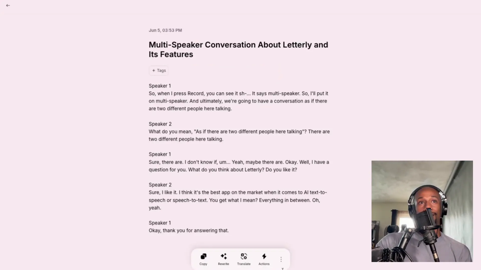 Letterly multi-speaker transcription feature capturing dialogue